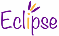 Logo Eclipse en lettres violettes et I orangé, surmonté de plumes orangées
